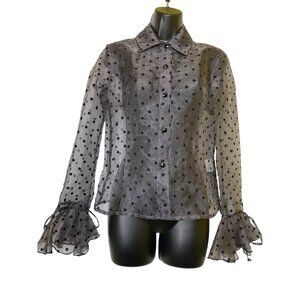 JS Boutique Sheer Black Polka Dot Blouse Ruffled Size 4 Top Shirt Goth Vamp Luxe